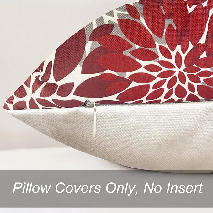 Decorative Throw Pillow Covers Set of 2 Wine Red Pillow Covers 18x18 Inch Couch Pillow Covers for Sofa Living Room Outdoor Throw Pillow Cover Linen Square Floral Flower Farmhouse Pillowcase
