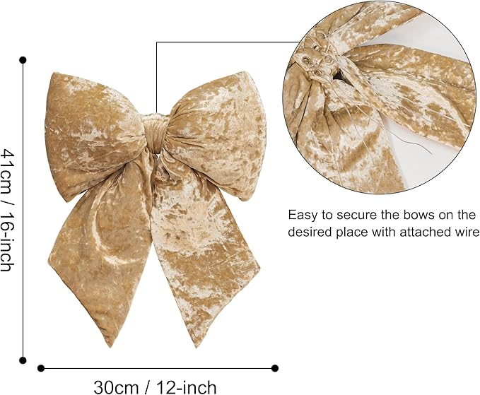KI Store Champagne Large Plush Velvet Bows Set of 2 12-Inch Christmas Bow Tree Topper for Christmas Tree Decoration Door Window Decor