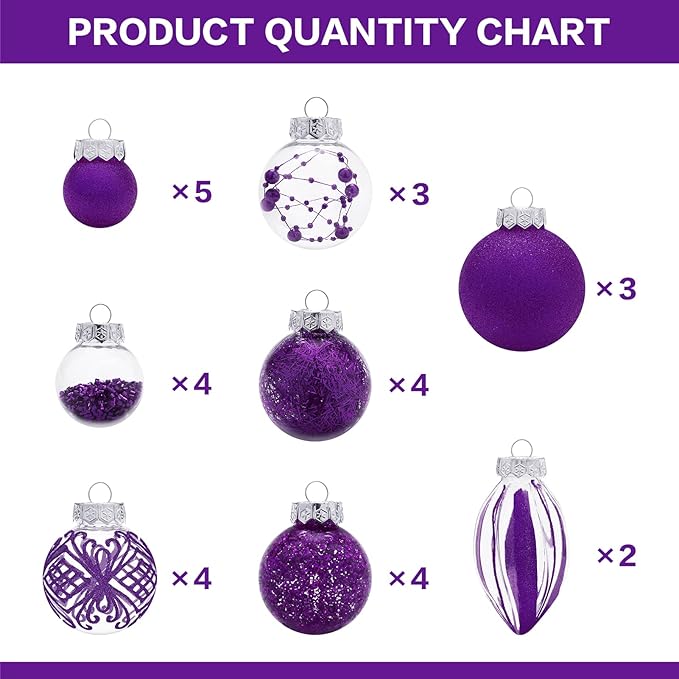 Christmas Ornaments Set, 32Pcs Clear Plastic Shatterproof Christmas Ball Hanging Ornaments for Xmas Tree Decorations, for Indoor Home Thanksgiving Party Holiday Decor - Purple.