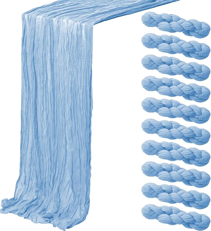 10 Pack Baby Blue Cheesecloth Table Runner,10FT/120 Inch Boho Gauze Fabric Table Runner,Rustic Sheer Light Blue Cheese Cloth Runner Bulk for Wedding,Bridal Baby Shower,Birthday Party,Table Decor