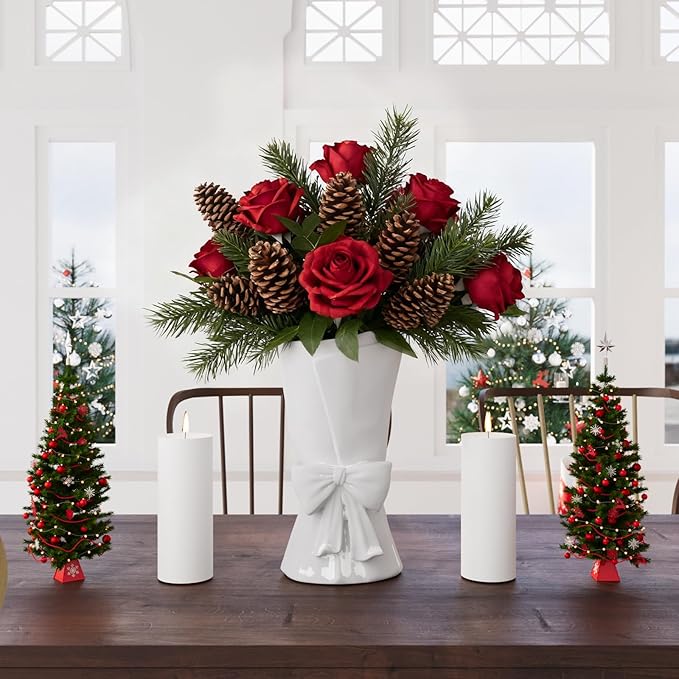 Fully Glazed White Ceramic Bow Vase 9.64 in Unique Cute Modern Decorative Bouquet Flower Vases for Home Living Room Table Christmas Decor Women Girl Gifts