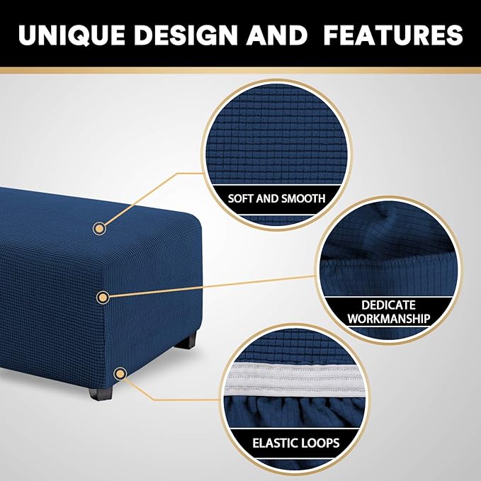 PrinceDeco Stretch Ottoman Cover Slipcovers Rectangle for Living Room Foot Stool Stretch Covers to Fit Ottoman Foot Rest, Thick Checked Jacquard Fabric with Elastic Bottom (Oversized Ottoman, Navy)