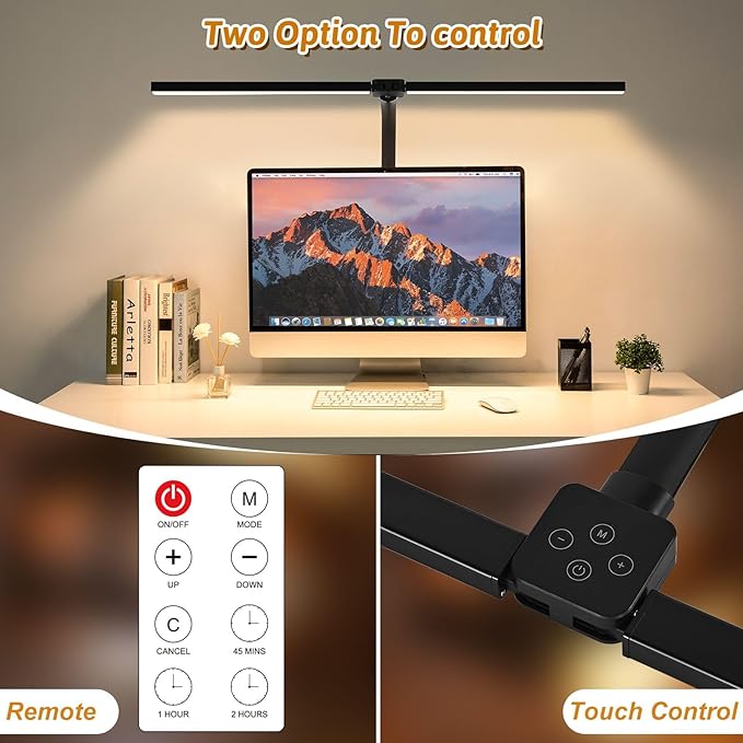 LED Desk Lamp for Office Dorm Home - Eye Caring Desk Light with Timer, Remote Control 24W Brightest Dual Screen Computer Monitor Gooseneck Dimmable Table lamp with Anti-Glare Cover Base