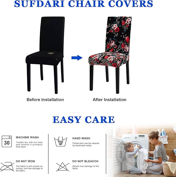 Sufdari Dining Chair Covers,Kitchen Chair Cover,Parsons Chair Slipcover,Spandex Chair Protectors for Dining Room Stretch Chairs Cover Set of 6 -Black Rose