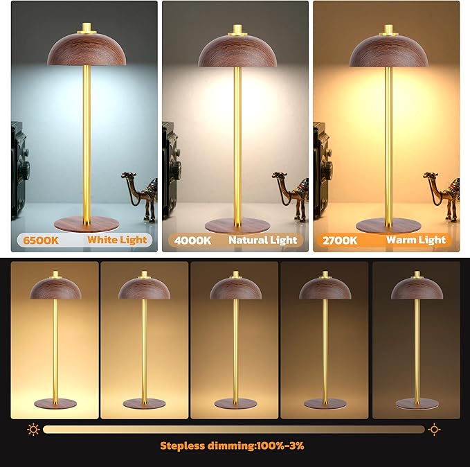 Rechargeable Cordless Table Lamp 2 Pack - 5000mAh Battery Powered Lamp, 3 Color Stepless Dimming LED Table Light with Memory Function for Indoor, Outdoor, Dinner, Patio, Cafe.(Wood Grain B)