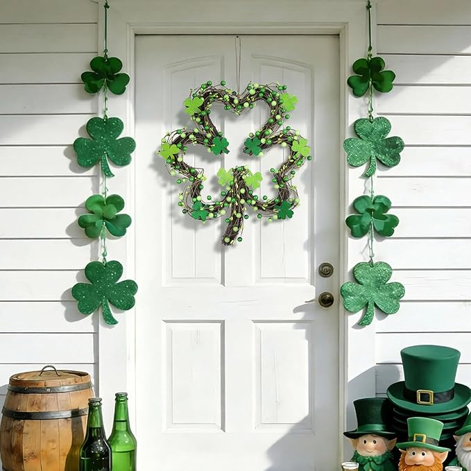 St Patricks Day Wreaths for Front Door, Artificial Shamrock Wreath Wood Lucky Clover Door Decorations with Green Berries for Spring Wall Mantel Window Home Party Decor