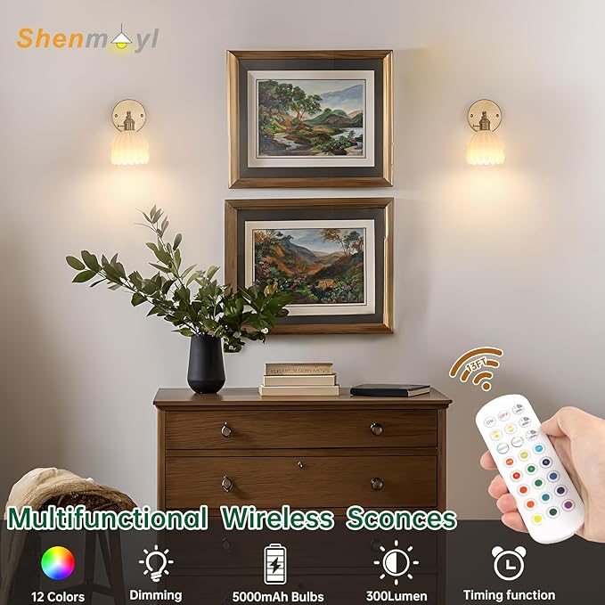 Vintage Battery Operated Wall Sconce with White Tulip Glass Lampshade 5000 mAh Rechargeable Battery Powered Wall Light with Remote Control for Bedside Bedroom Doorway, Set of 2