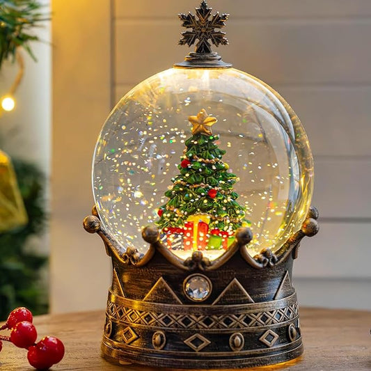 Christmas Snow Globe Lantern Water Glittering Christmas Tree Crown with Music, USB Lined/Battery Operated Lighted Lantern for Christmas Festival Decoration Gifts