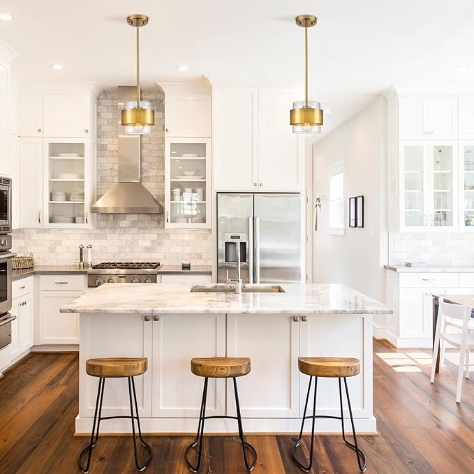 CLAXY Glass Pendant Light Mini Gold Hanging Pendant Lighting Clear Cyliner Shade for Kitchen Sink Dining Bathroom, Adjustable Hanging Rods
