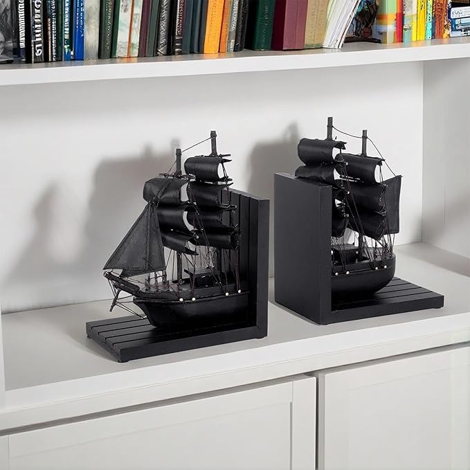 Wooden Ship bookends The Black Pearl Pirate 10" Prebuilt Caribbean Coastal Sailboat Decor Nautical Gift for Enthusiasts
