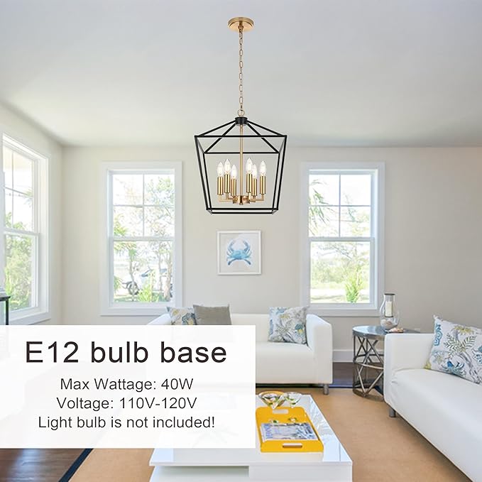 MELUCEE Black Lantern Pendant Light 6 Light Industrial Cage Chandelier with E12 Brass Candle-Shaped Base Rustic Geometric Hanging Light Fixture for Kitchen Island Foyer Dining Room