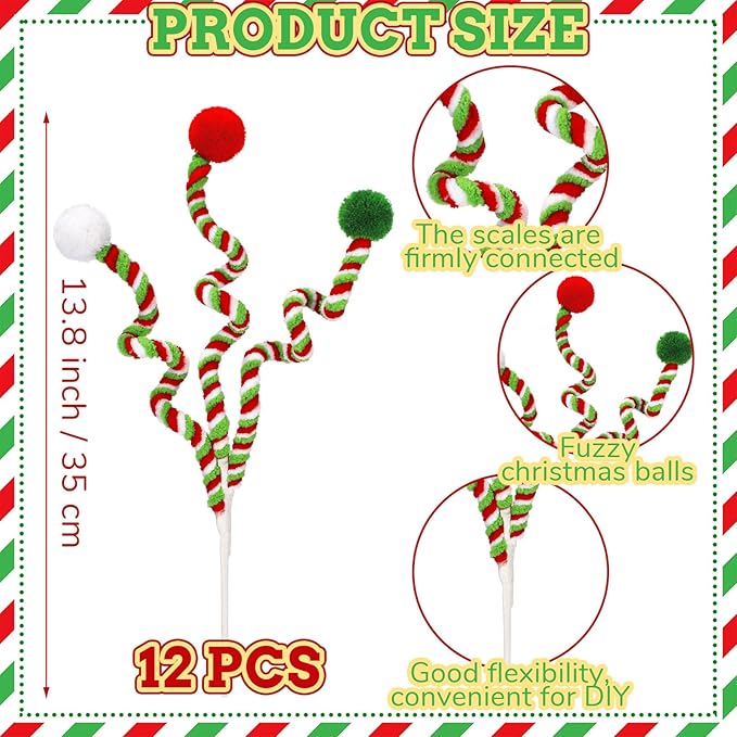 Norme 12 Pcs 13.8 Inch Christmas Tree Picks Christmas Tree Topper Decoration Red Green and White Artificial Curly Stem with Ball Pompom Ornament for Xmas Vase Filler Wreath Craft Supplies