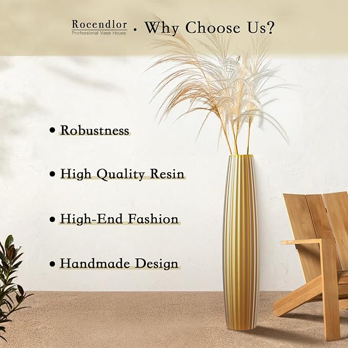 Floor Vases, Tall Floor Vase 23.6 inch (60CM, 1.96FT) Tall Vases, Sturdy Gold Vase for Living Room Decor, Resin Gold