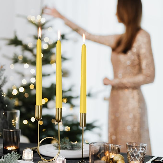 12 Pack Yellow Taper Candles - Taper Candles 10 Inch Dripless, Smokeless & Unscented - 8 Hours Long Burning - Ideal for Weddings, Dinner Parties, and Home Decor