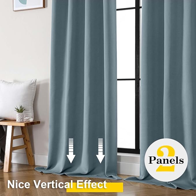 Stone Blue Blackout Curtains for Bedroom Living Room 96 Inches Long 2 Panels, Soft Solid Room Darkening Thermal Insulated Window Treatments, Rod Pocket Curtain, 50" Wx96 L