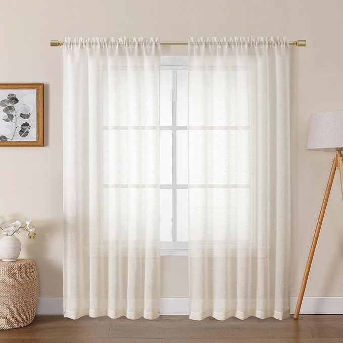Lecloud Sheer Curtains 72 Inches Long 2 Panels Set, Linen Textured Natural Curtain Drapes for Living Room Bedroom, Farmhouse Gauzy Window Treatments with Dual Rod Pocket, Each Panel 42" W x 72" L