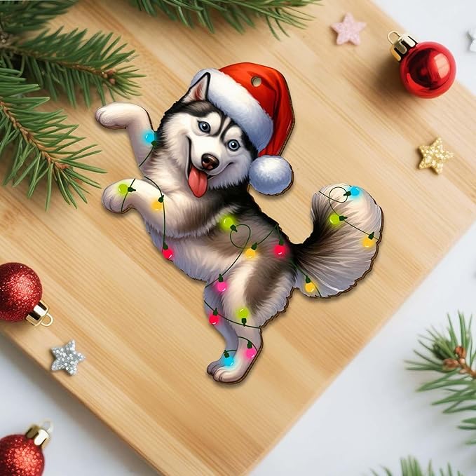 2-Sided Printed Funny Husky Wooden Christmas Ornaments, Keepsake for Women, Men and Friends, Husky Dog Christmas Tree Hanging Decorations