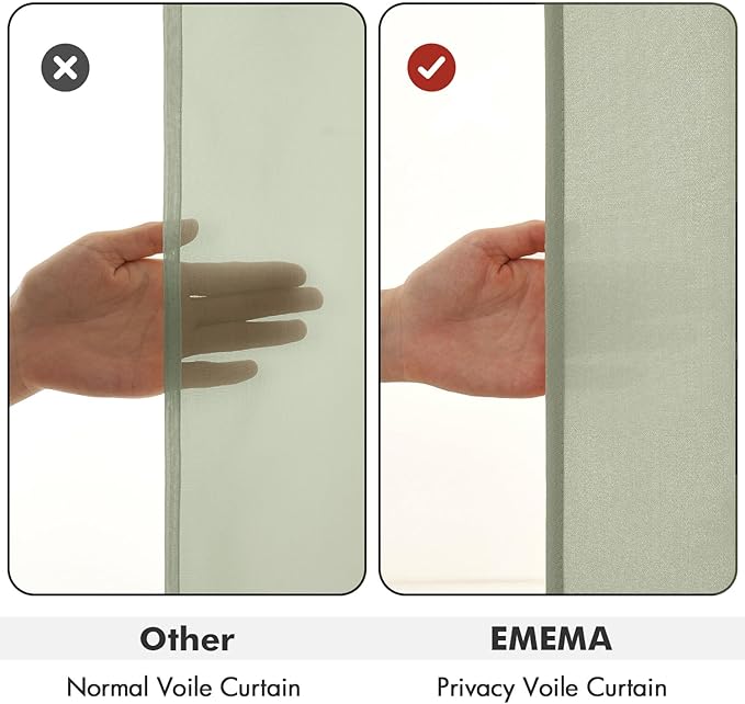 EMEMA Non-See-Through Sheer Curtains 72 Inches Long, Light Filtering Semi Privacy Sheer Curtains for Living Room Bedroom, Window Drapes That Let Light in, 52x72 Inch, 2 Panels, Sage