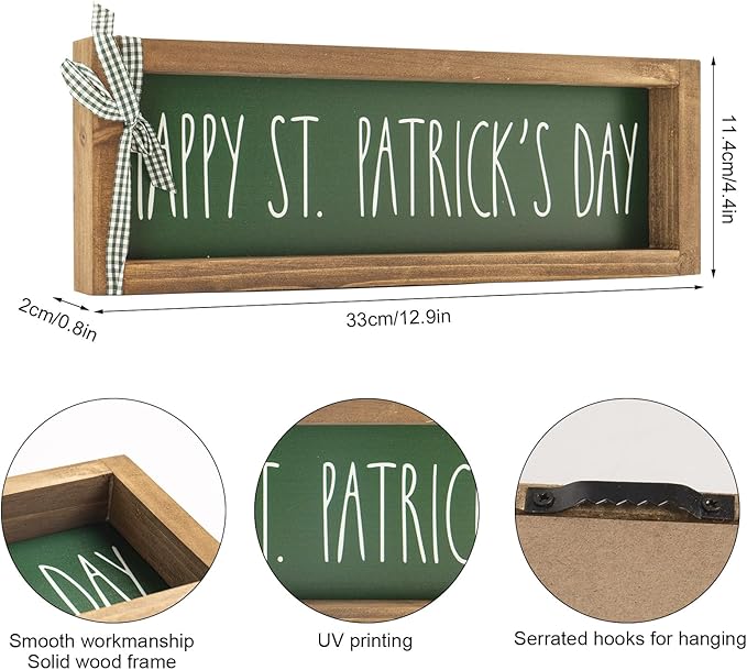 Happy St Patricks Day Sign, Wooden Saint Patrick's Table Centerpieces Decor, Indoor Irish Wood Plaque Tabletop Wall Art Shelf Mantel Office Desk March Green Farmhouse Decorations for Home