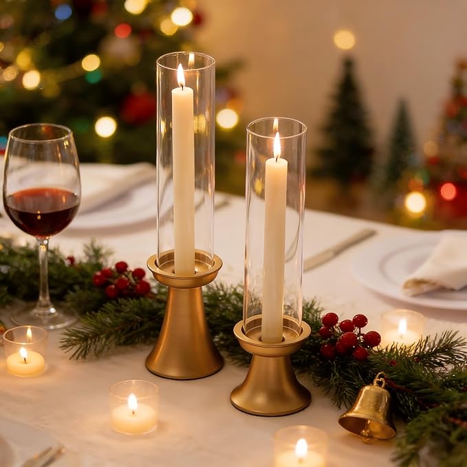 NUPTIO Taper Candle Holders Gold: Set of 2 Candlestick Holder with Hurricane Glass Cover - Tall Metal Candles Stick Stand for Fall Thanksgiving Christmas Seasonal Fireplace Decor