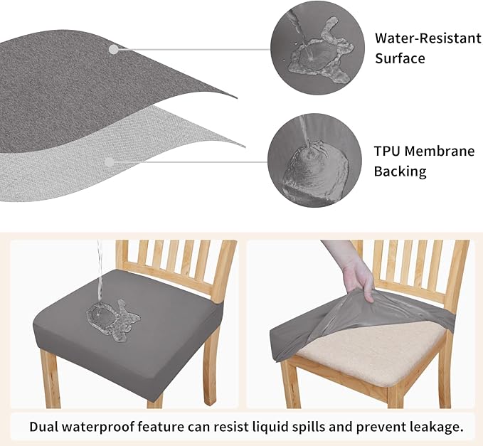 Easy-Going 100% Waterproof Seat Covers for Dining Room Chairs Set of 6, Stretch Chair Seat Slipcovers Protector Removable and Washable Kitchen Dining Chair Covers, Light Gray
