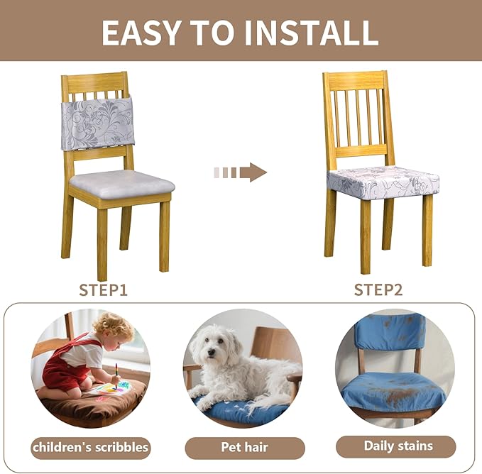 Stretch Dining Chair Seat Covers Set of 6,Dining Chair Slipcovers, Floral Printed Chair Covers,Soft Fabric Washable Upholstered Chair Seat Protector, No Rear Covers for Home Kitchen Dining Room