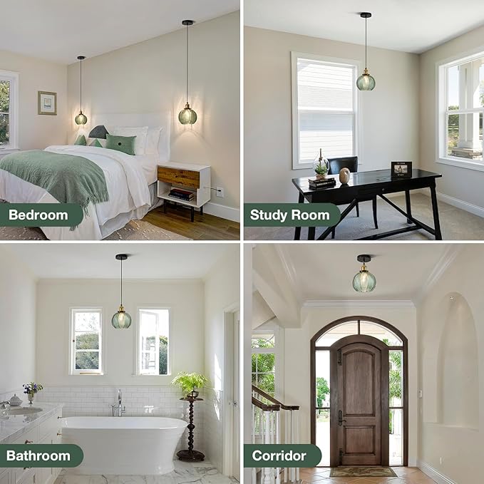 7.8in Vintage Pendant Light 1- Light Kitchen Sink Pendant Lights with Green Hand Blown Glass Small Hanging Lamp for Kitchen Island Dining Room Bedroom Bathroom Hallway E26