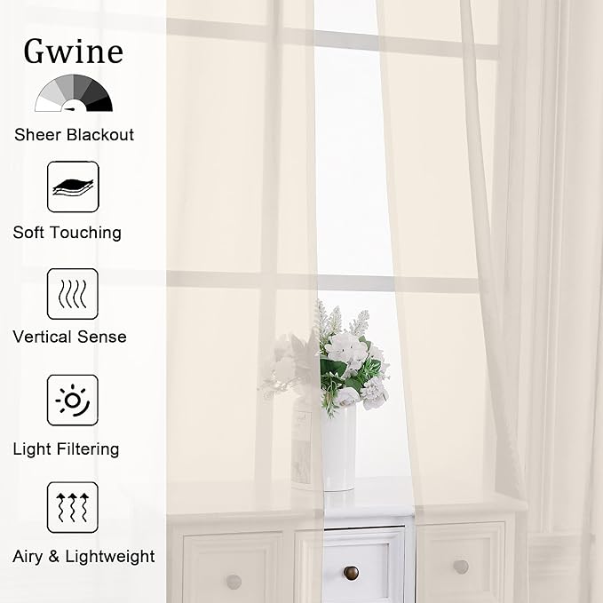 Gwine Cream Sheer Curtains 63 Inches Long 2 Panels Set, Voile Light Filtering Sheer Curtains for Living Room, Lightweight Rod Pocket Window Treatments Drapes, Each 42" Wx63 L, Cream