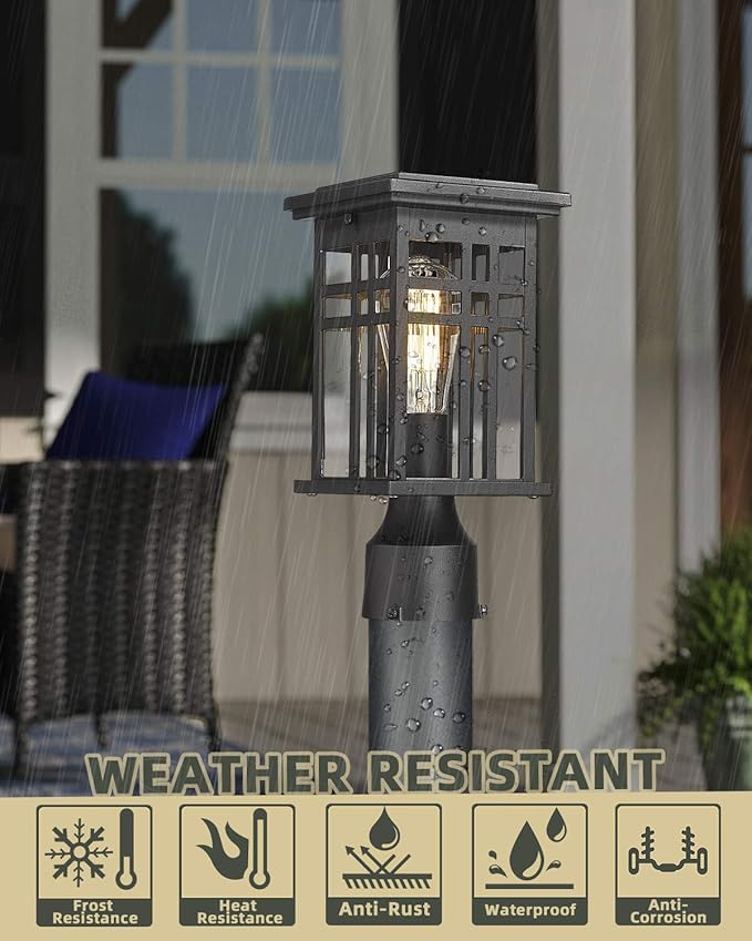 HWH INVESTMENT Industrial Outdoor Post Lantern, Exterior Pillar Light, Waterproof Pole Lantern with Clear Glass Shade, Matte Black Finish, 5HD36P BK