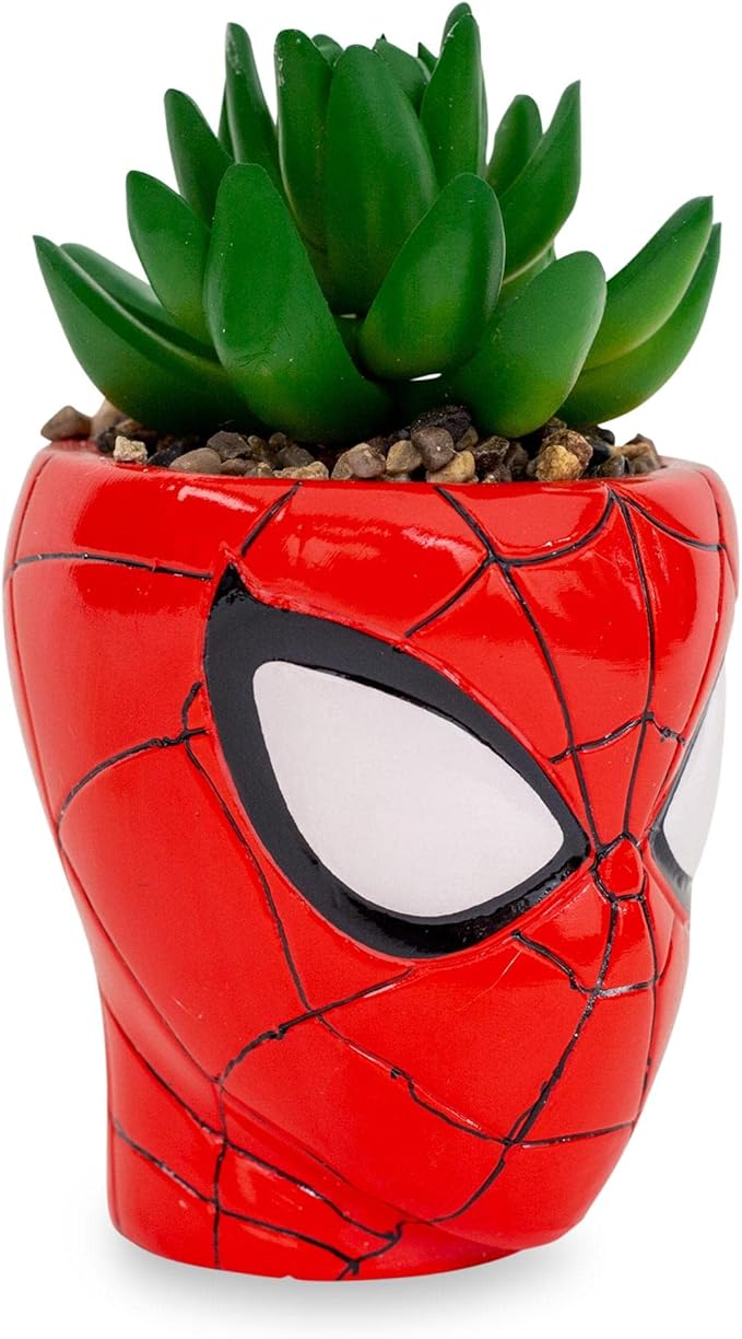 Marvel Comics Spider-Man Web-Head 3-Inch Ceramic Mini Planter with Artificial Succulent | Small Flower Pot, Faux Indoor Plants