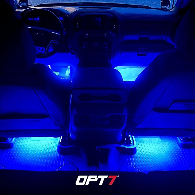OPT7 Aura Double Row Car LED Lights Interior 6pc with Wireless Remote Control, Multicolor Mode, Sound Active Function Inside Ambient Lighting Kit, Footwell Floor Decor, Charger Adapter 12V