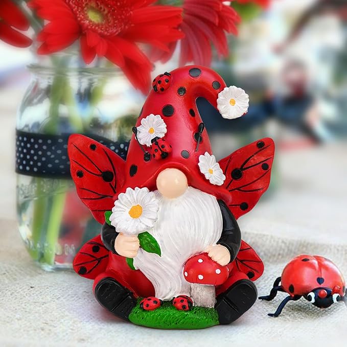 Ladybug Gnome Decorations - Resin Figurines for Spring Kitchen, Summer Garden, Lawn and Outdoor Decor - Gifts for Women