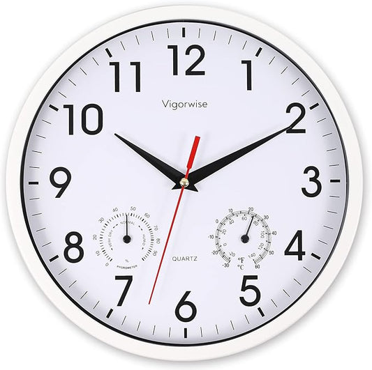 Wall Clock, Sweep Silent Movement Accurate Clocks with Temperature & Humidity, Decorative for Kitchen/Living Room/Bedroom/Office/School/Classroom (White, 10 inch)