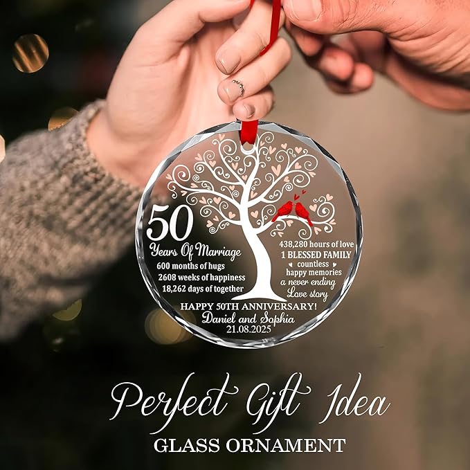 Personalized 50th Anniversary Christmas Ornament – Custom 50 Years Married Glass Keepsake for Couple, Husband and Wife, Parents – Golden Wedding Tree Decoration Gift Idea