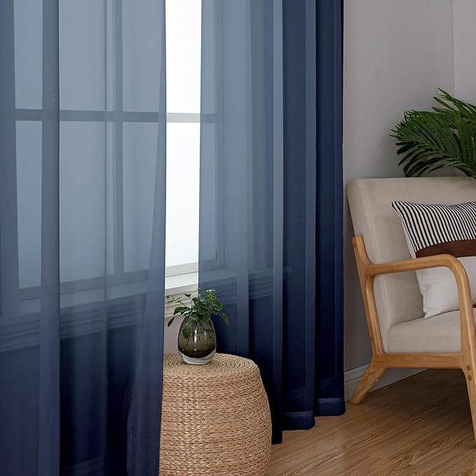 Lecloud Navy Blue Sheer Curtains 90 Inches Long 2 Panels, Light Filtering Voile Airy Curtains, Balance Light Privacy Window Treatments with Dual Rod Pocket for Bedroom Laundry Room, Each 42" W x 90" L