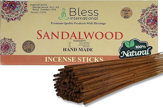 Bless-Sandalwood 100%-Natural-Handmade-Hand-Dipped-Incense-Sticks Organic-Chemicals-Charcoal-Free Purification-Relaxation-Positivity-Yoga-Meditation Best-Woods-Scent (80 Sticks (4.20 OZ))