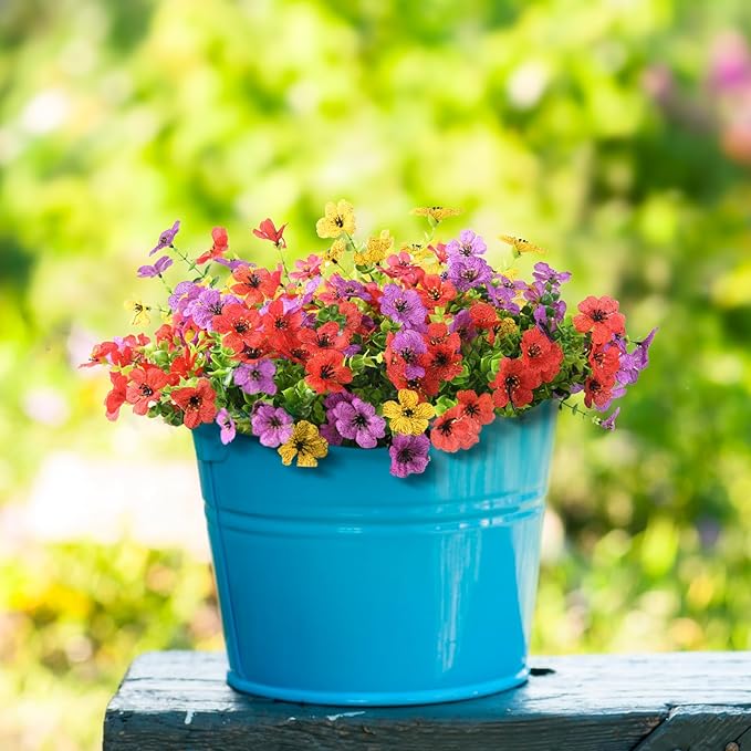 Artificial Fake Flowers Plants for Outdoors Spring Decor, 12 Bundles Colorful Faux Silk Flowers Daisy Eucalyptus Plants UV Resisitant for Outside Planter Pots Front Porch Garden Patio