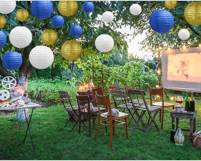 BEISHIDA 21 Pcs Blue Gold White Round Paper Lanterns Decorative Hanging Asia Chinese Japanese Paper Lanterns Lamp for Birthday Wedding Baby Bridal Shower Graduation Party Classroom Decoration