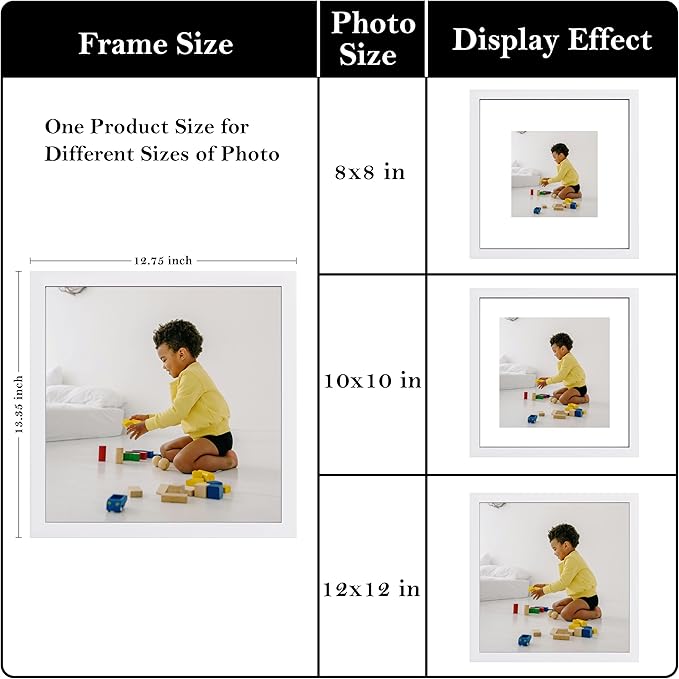 eletecpro 12x12 Floating Picture Frames Set of 2, Clear Double Glass Picture Frames for Wall Mount, Display Multi-size Photos and Artworks up to 12x12 Inches, Home Decor, White