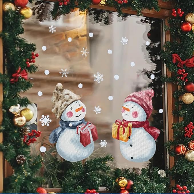 Christmas Snowman Wall Decals Stickers — Cute Winter Snowmen with Gift Boxes and Snowflakes Removable Vinyl Wall Decor for Living Room, Bedroom, Office, Holiday Decoration