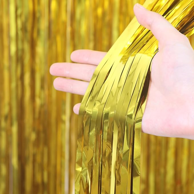 3.3 x 6.6 ft Foil Fringe Backdrop Curtains, Tinsel Streamers Party Decorations, Fringe Backdrop for Birthday, Baby Shower, Gender Reveal, Graduation (3, Gold)