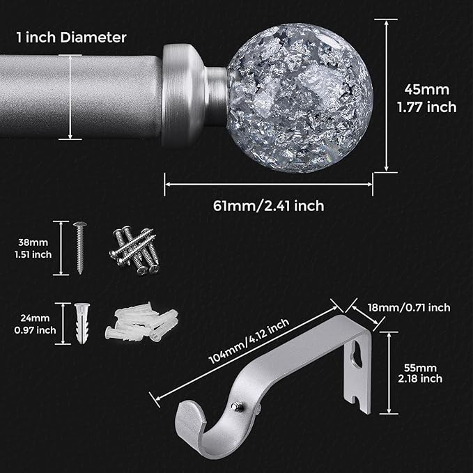 Silver Curtain Rods for Windows 72 to 144 Inch, 1'' Heavy Duty Adjustable Drapery Rod with Unique Crystal Ball Finials, Modern Decorative Curtain Rod,Size; 30-144''