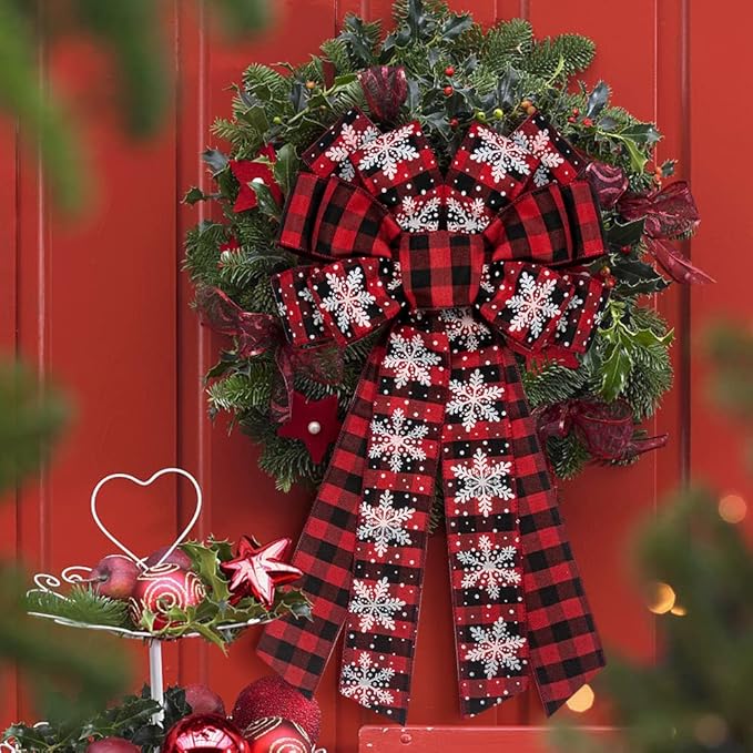 Large Christmas Wreath Bow - Red Velvet Buffalo Plaid Tree Topper Ribbon for Home Garden Indoor Outdoor Decoration Ornament Supplies