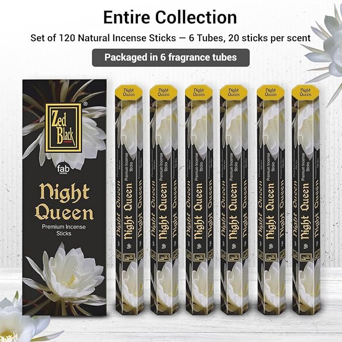 ZED Black Night Queen Incense Sticks-20 Sticks per Box, 6 Boxes Inside (Total 120 Sticks)| Premium Quality Incense Sticks for Relaxation & Yoga.