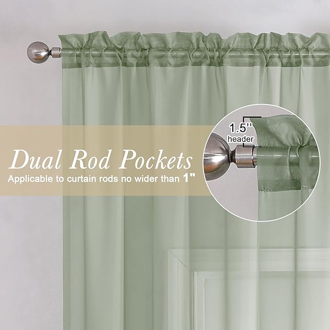 Lecloud Sage Green Sheer Curtains 84 Inches Long 2 Panels Set, Solid Voile Light Filtering Airy Window Treatments for Living Room, Elegant Bedroom Sheer Curtain Drapes, Sage Green, 40" W x 84" L