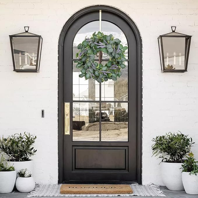Briful Artificial Greenery Wreath 16in Eucalyptus Door Wreath with Lavender Spring Summer All Season Eucalyptus Floral Hanging Wreath for Home Wall Window Fireplace Farmhouse Decor