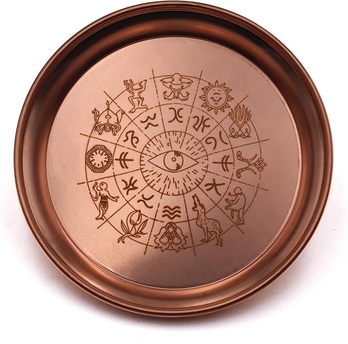 Copper Offering Bowl Prayer Ritual Plate Great for Altar,Incense Burner, smudging Bowl, Offering Dish,Candle Trays, Ash Catcher,Jewelry Dish(Twelve Tonstellations)