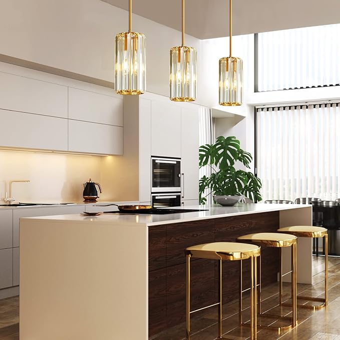Gold Pendant Lighting Modern Pendant Light Mini Crystal Chandeliers Adjustable Pendant Light Fixture for Kitchen Island Dinning Room Corridor Bedroom(Gold 3-Pack)