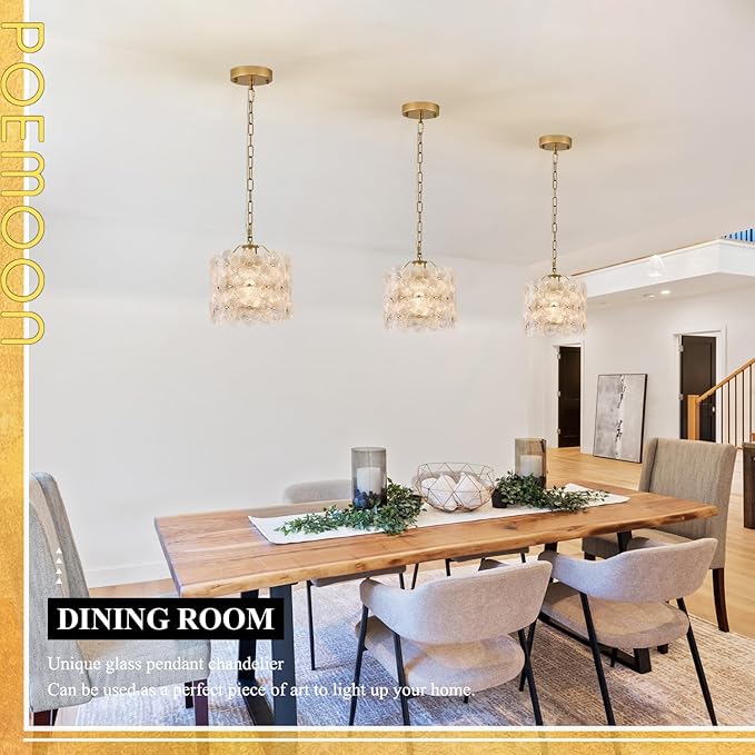 2-Pack Gold Glass Pendant Light Modern 1-Light Flower Small Ceiling Pendant Lighting for Kitchen Island Sink Dining Room Bedroom Entryway Hallway, E26
