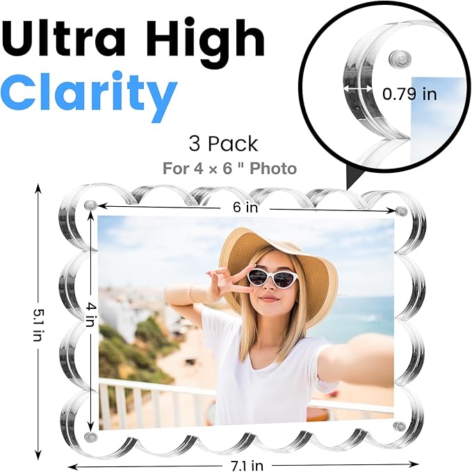 Acrylic Picture Frames 3 Pack, 4×6 In Magnetic Picture Photo Frames, Clear Frameless Photo Display Freestanding,Double Sided Picture Frame Gift for Desk Desktop Home Office Decor,UV Protection